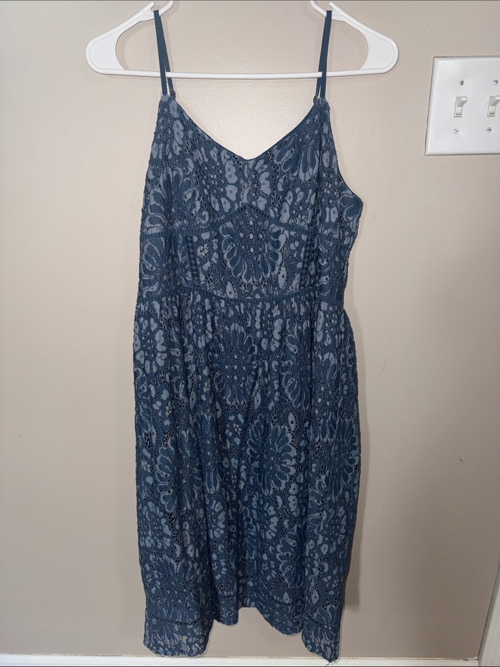 LOFT Blue Lace Midi Dress with Spaghetti Straps
